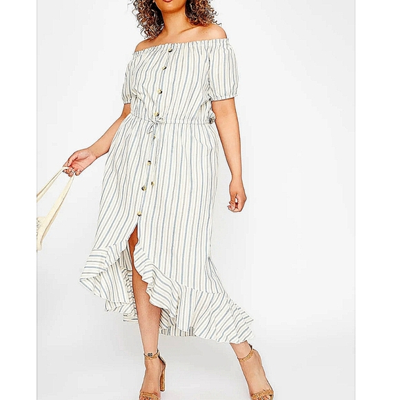 off-shoulder midi dress asymmetrical ruffle vertical lines, large, cotton blend. - Picture 16 of 16